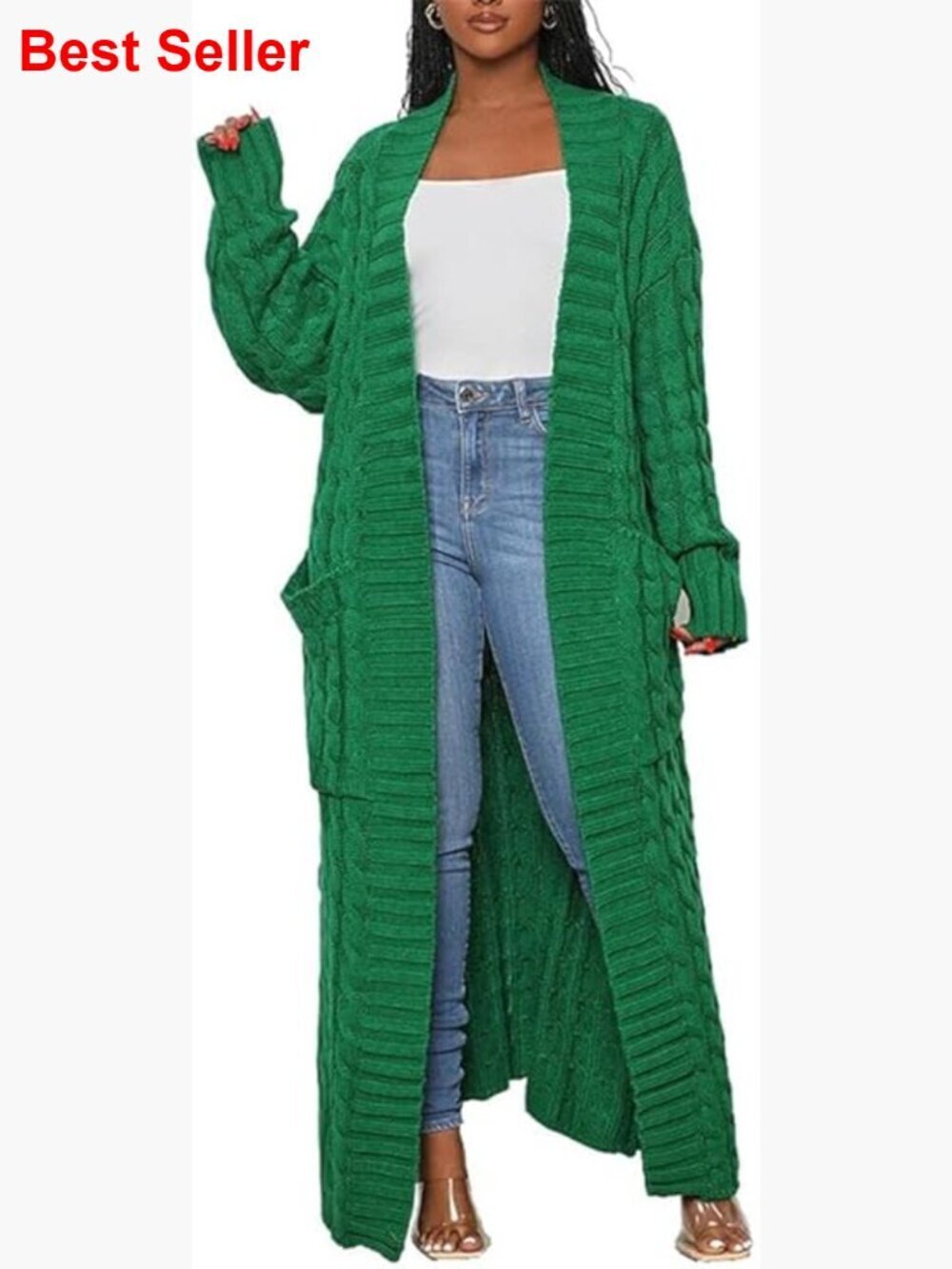 Long Cable Knit Cardigan Sweater with Pockets Open Front Duster